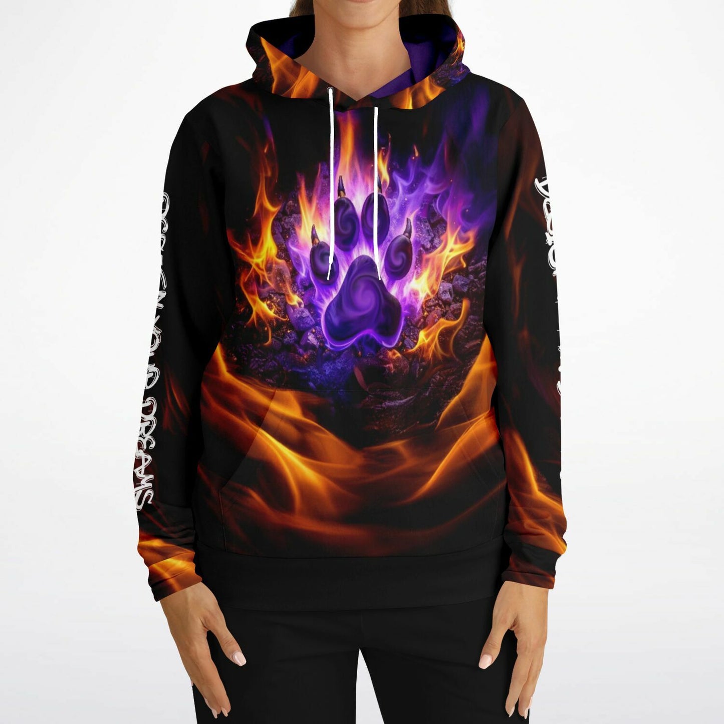 Hoodie with a colorful paw print design on a white background