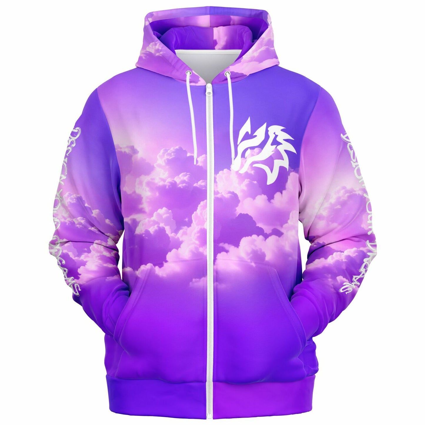 Purple hoodie with cloud design and white logo on a white background