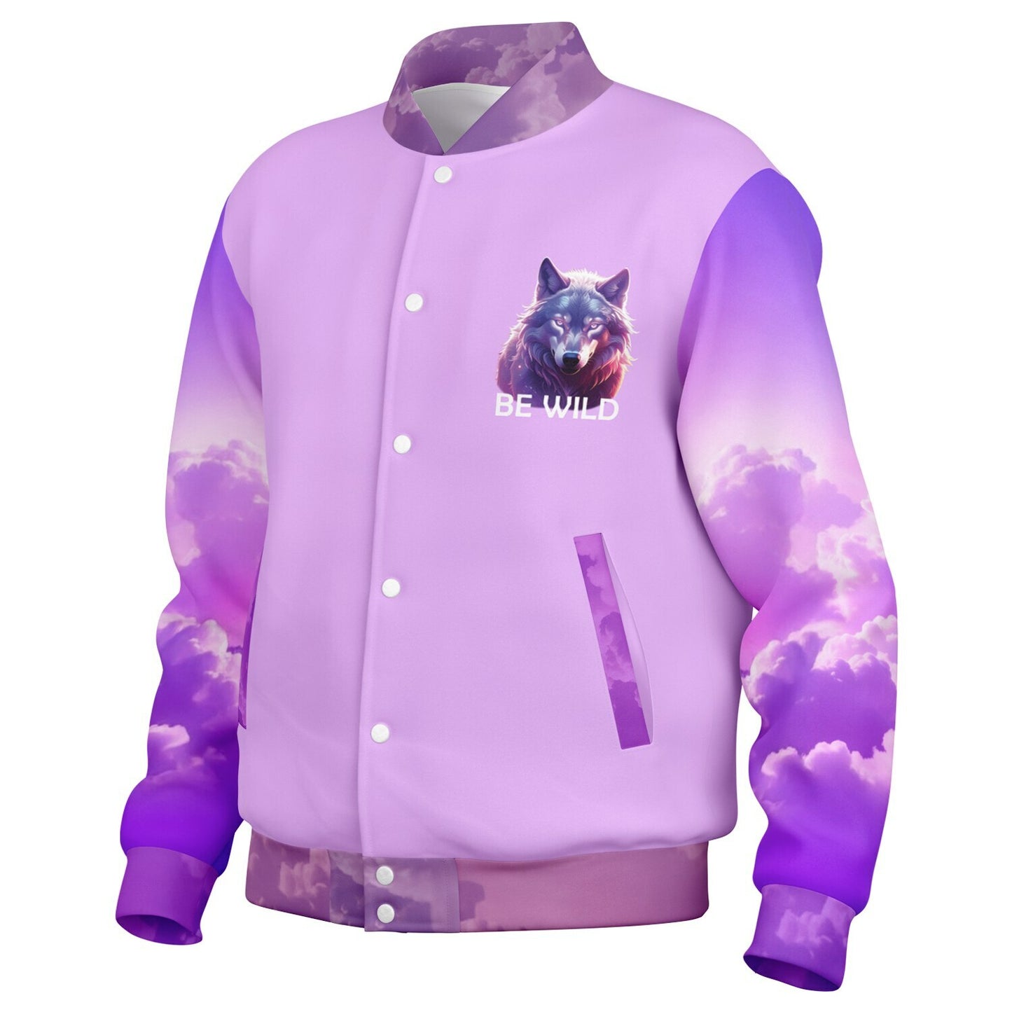 Purple and pink gradient jacket with a wolf graphic and 'Be Wild' text on a white background