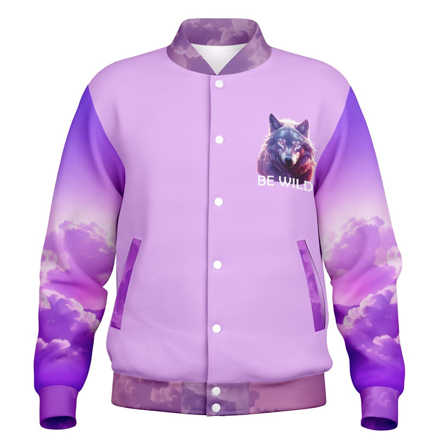 Purple jacket with wolf graphic and 'Be Wild' text on a white background