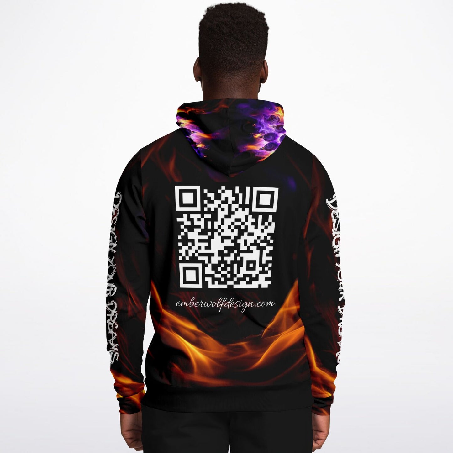 Hoodie with flame design and QR code on the back, worn by a person.