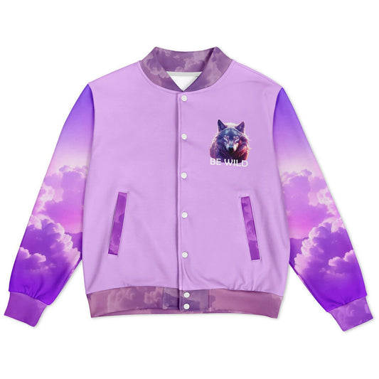 Purple jacket with cloud design and wolf graphic on a white background