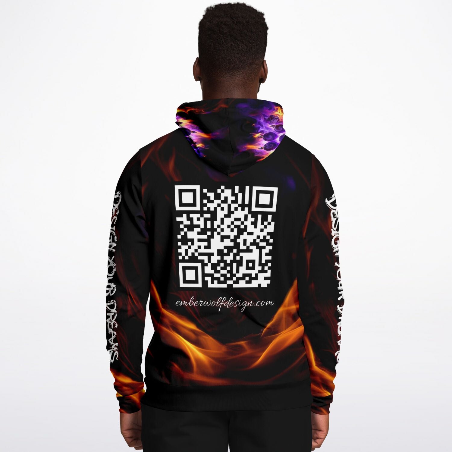 Hoodie with flame design and QR code on the back, worn by a person.