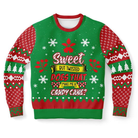 Christmas-themed sweater with colorful design and text on a white background